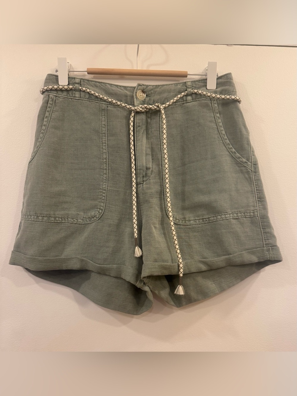 C&C California Linen-Blend Sage Green Shorts with Rope Belt, Size 6
